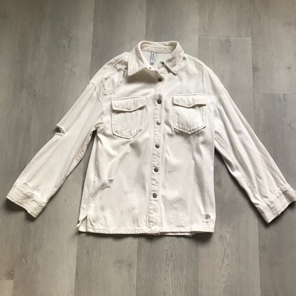ZARA WOMENS WHITE DENIM JACKET SNAP BUTTON OVERSIZED SMALL